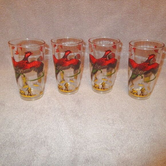 1950s Vtg Hazel Atlas Hunting Pheasant Glasses Highball Drinking Set Of 4 MCM - Picture 2 of 12